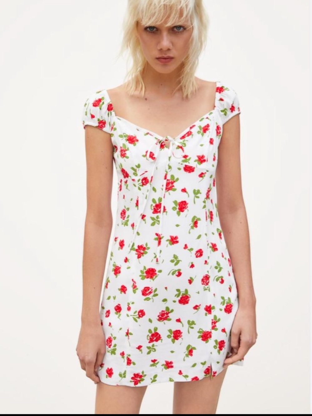 Zara Rose Floral Print Tie-Front Mini Dress White Red Size S NWOT